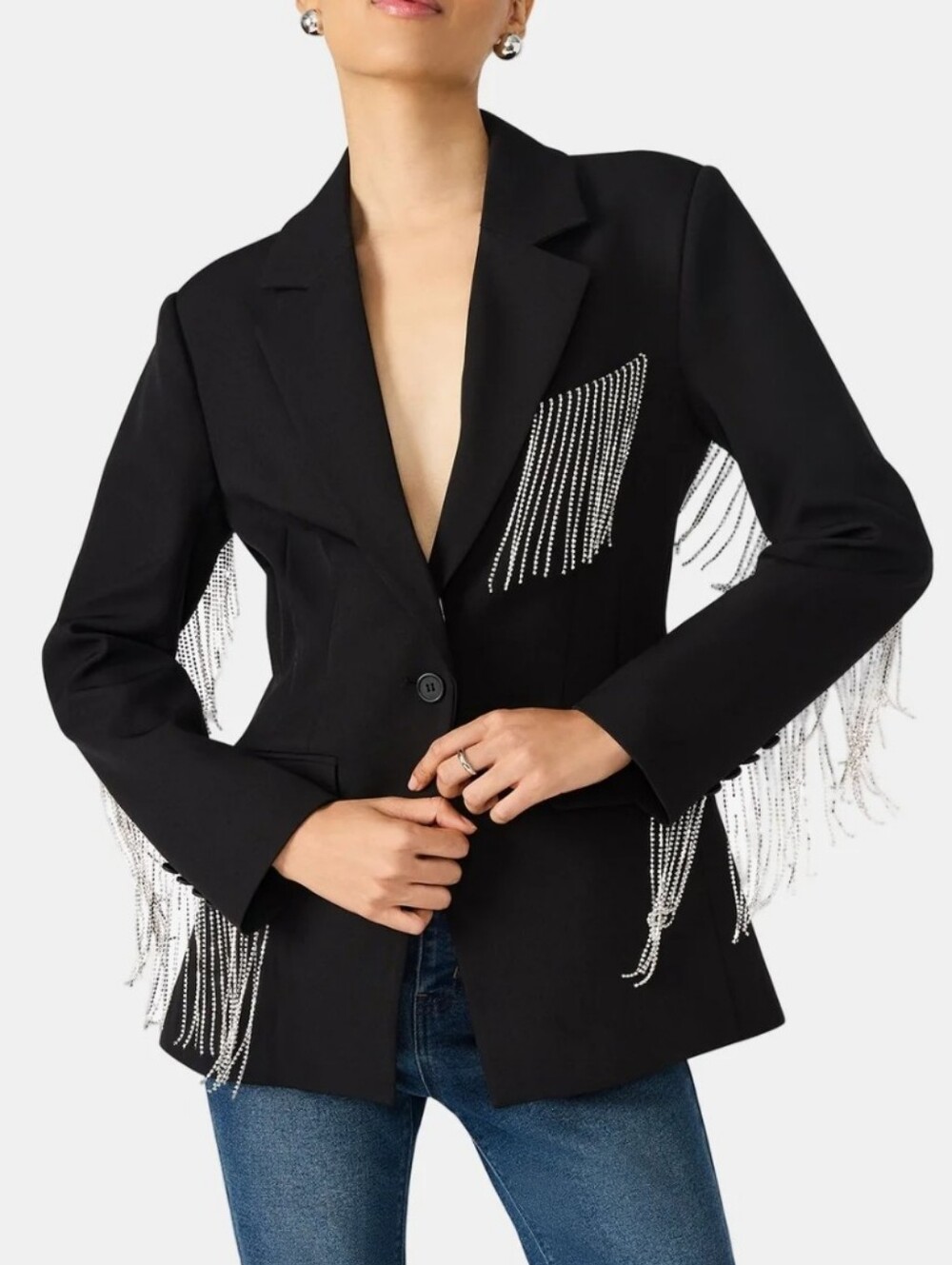 Steve Madden Black Blazer with Silver Fringe Trim